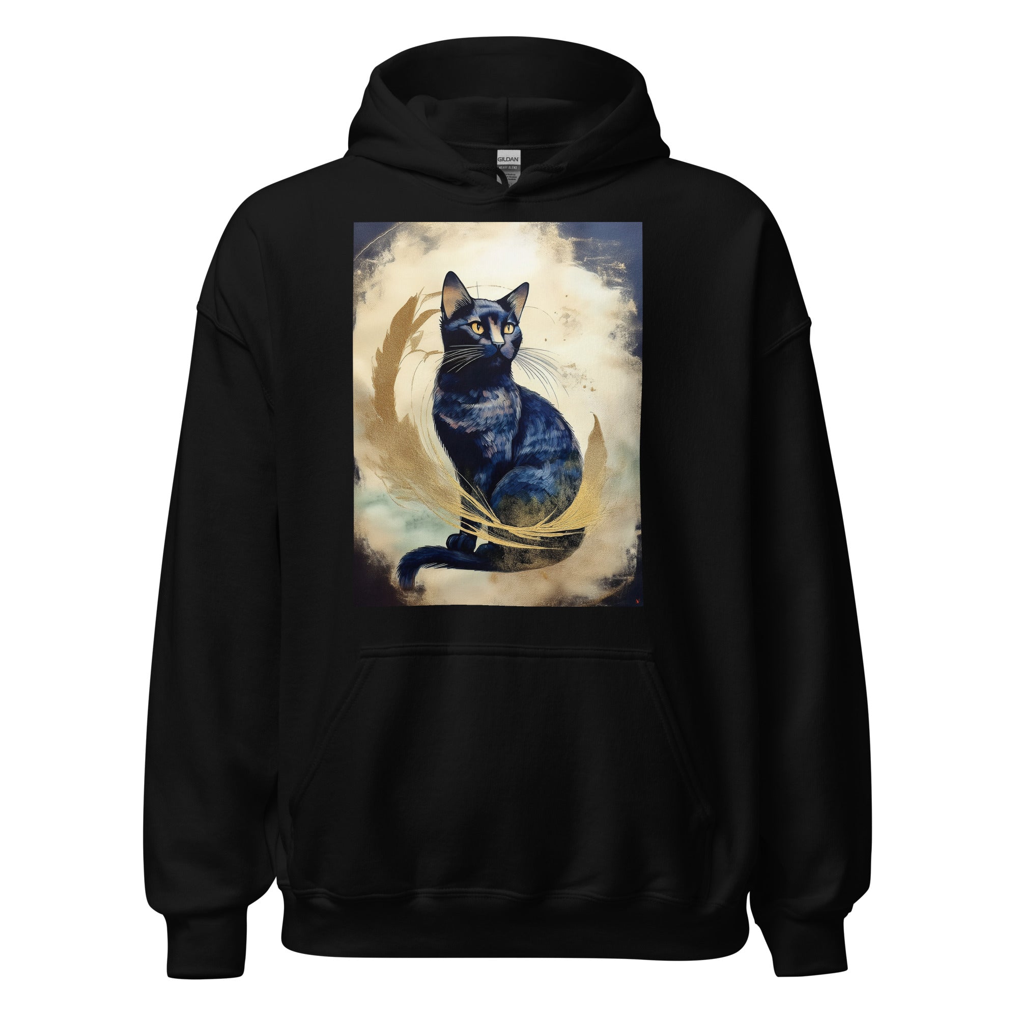 Black cat hoodie with golden aura artwork – Classic Collection
