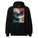 Black hoodie with artistic cat and flower design from MODERN collection