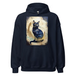 Navy hoodie featuring black cat with golden aura artwork