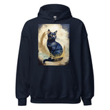 Navy hoodie featuring black cat with golden aura artwork