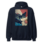 Navy blue pullover hoodie with contemporary cat illustration