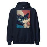 Navy blue pullover hoodie with contemporary cat illustration