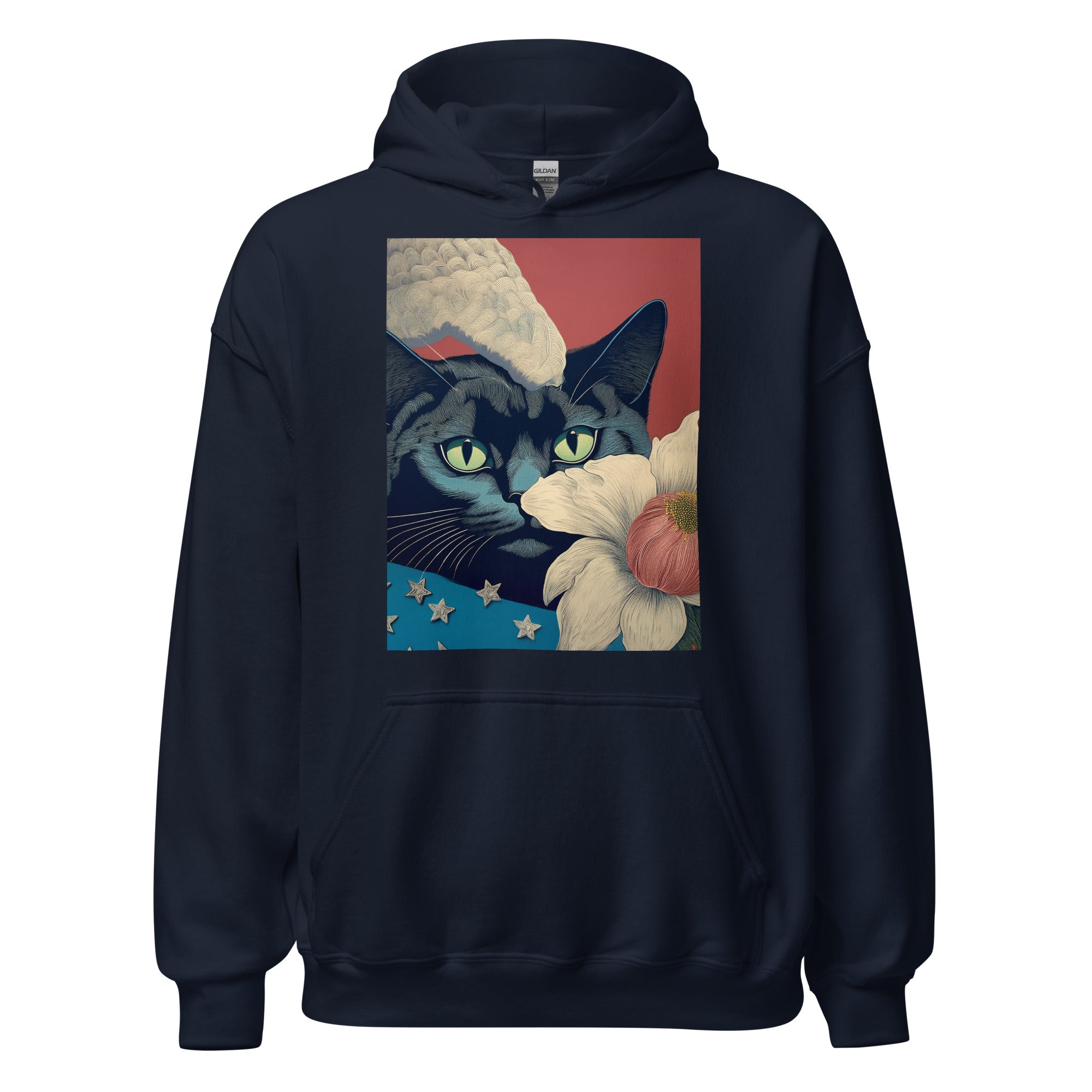 Navy blue pullover hoodie with contemporary cat illustration