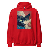 Red unisex hoodie featuring whimsical cat art with  flowers