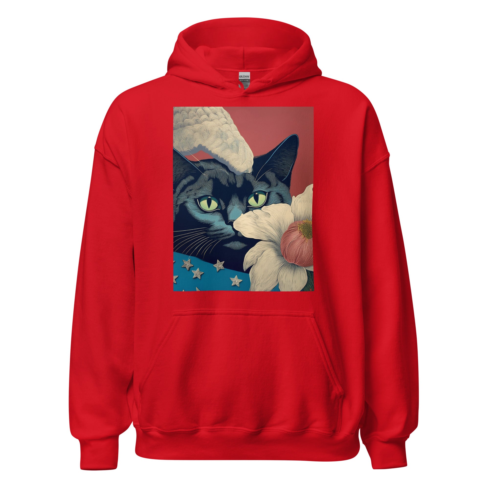 Red unisex hoodie featuring whimsical cat art with  flowers