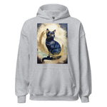 Gray pullover hoodie with black cat and gold aura design