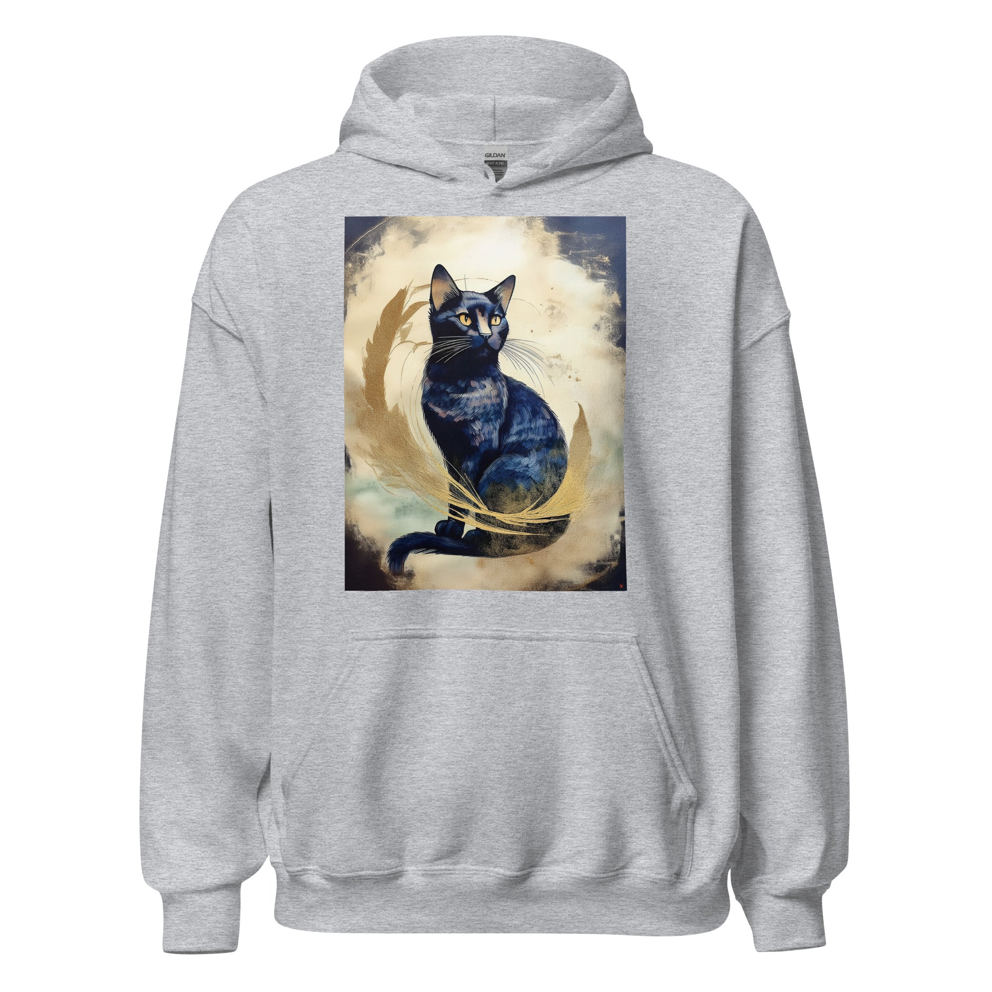 Gray pullover hoodie with black cat and gold aura design