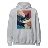Gray heavy blend hoodie with artistic feline and floral print