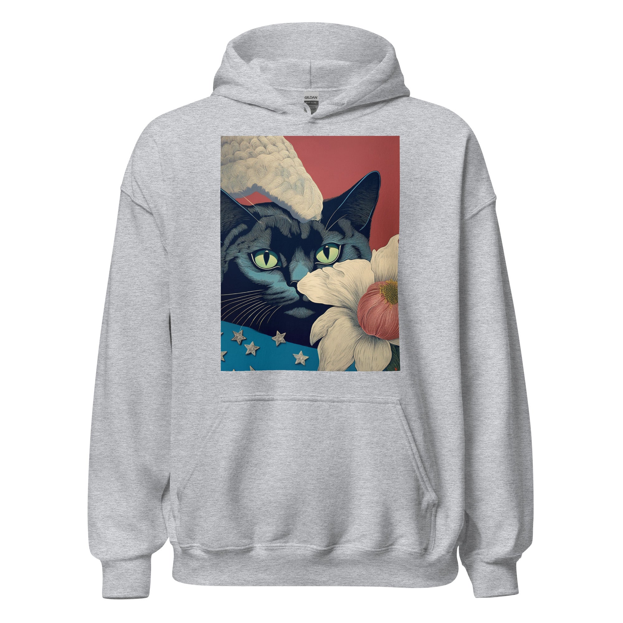Gray heavy blend hoodie with artistic feline and floral print