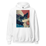 White hoodie with colorful cat and flower artwork from MODERN collection